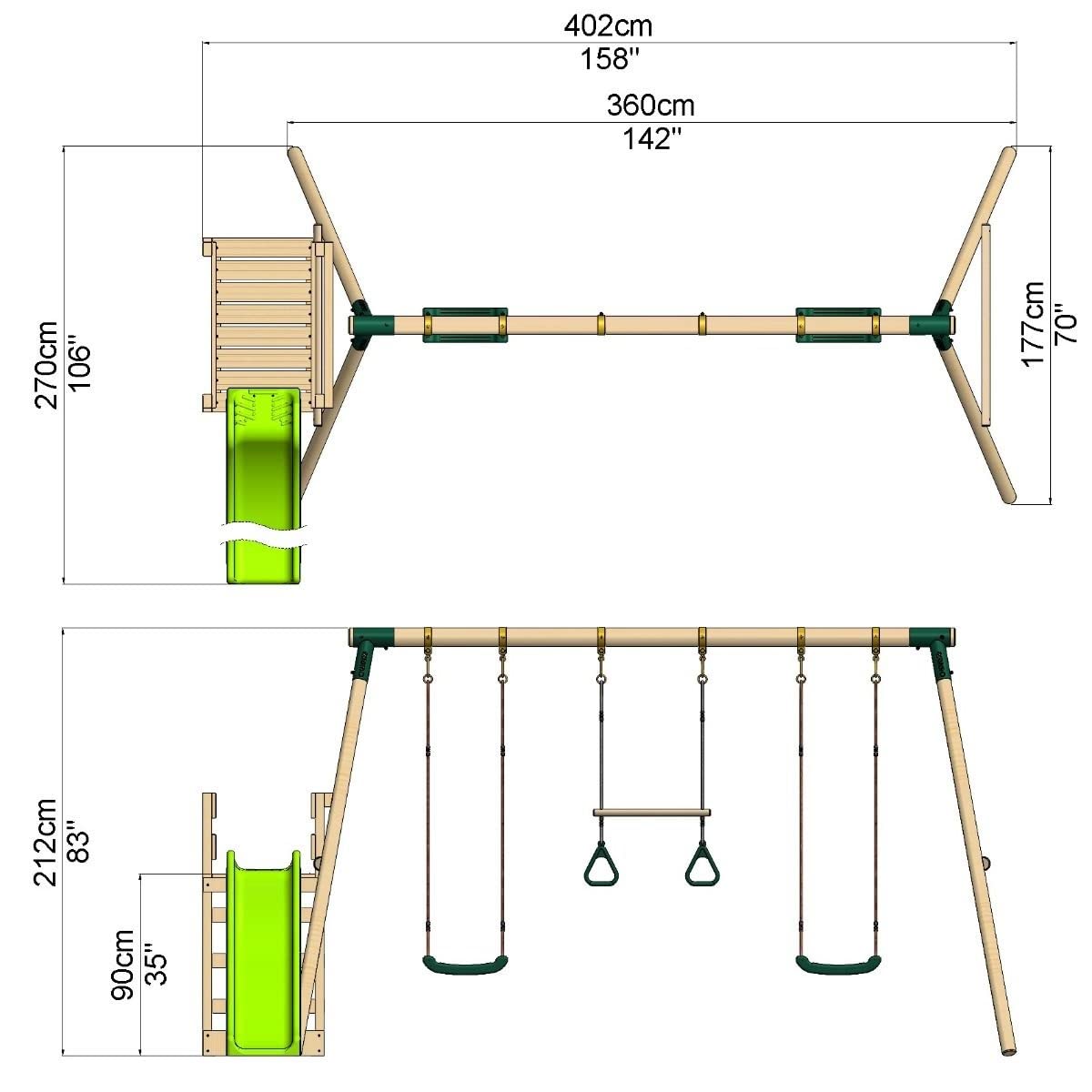 Rebo® Children's Wooden Swing Set Plus Deck and Slide - Comet Green | OutdoorToys | Kids' Playset - Sturdy Construction, Pressured Treated Timber, Soft-Feel Ropes