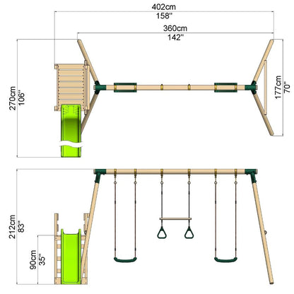 Rebo® Children's Wooden Swing Set Plus Deck and Slide - Comet Green | OutdoorToys | Kids' Playset - Sturdy Construction, Pressured Treated Timber, Soft-Feel Ropes