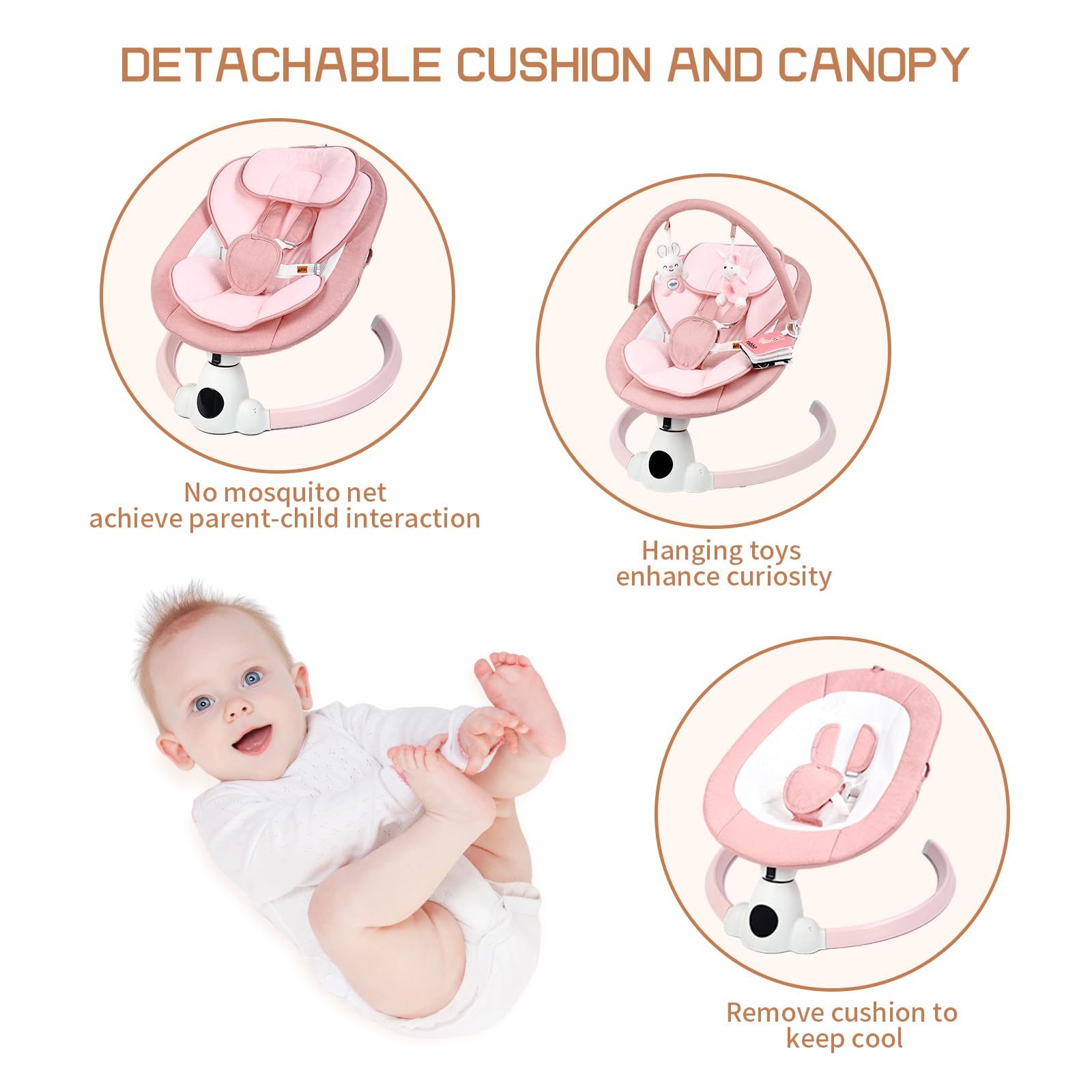 Pink portable electric baby bouncer with Bluetooth, 5 swing speeds, 10 lullabies, 5-point harness, remote, and touch panel for infants.