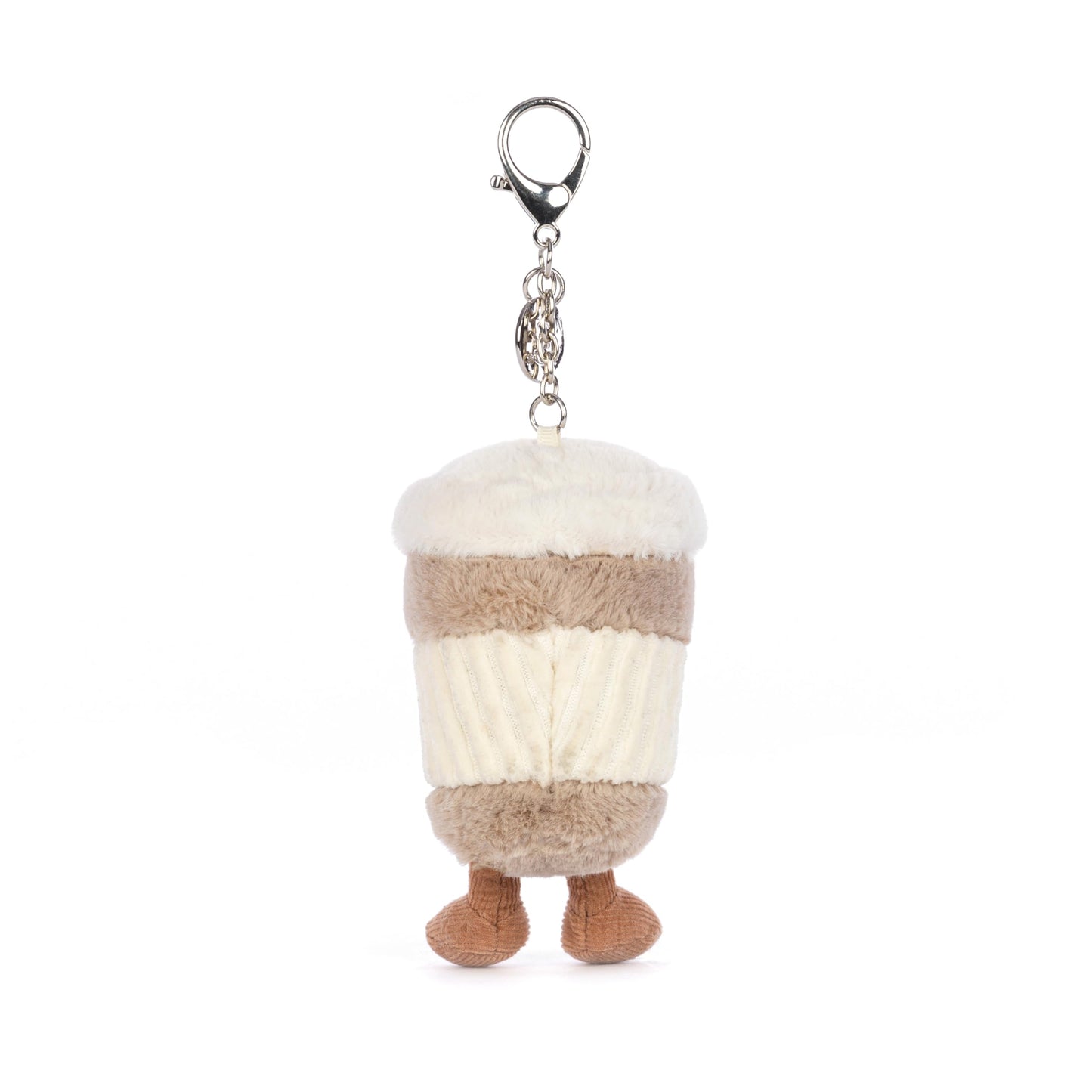 Jellycat Amuseables Coffee-To-Go Bag Charm plush keychain, 4.5 inches, featuring a cute coffee cup design.