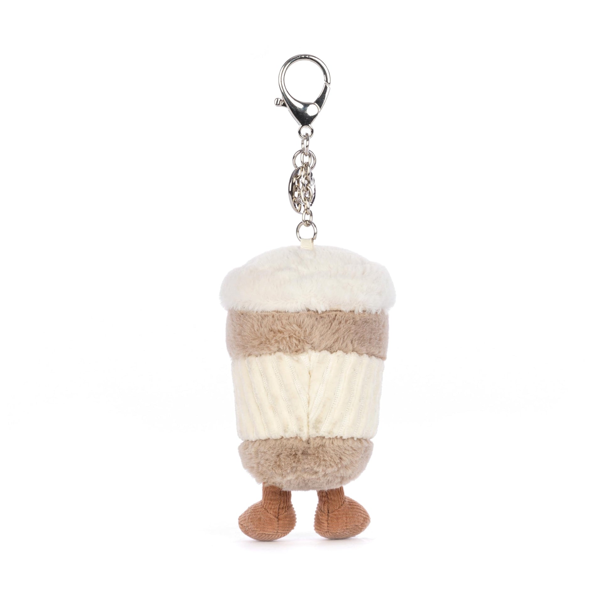 Jellycat Amuseables Coffee-To-Go Bag Charm plush keychain, 4.5 inches, featuring a cute coffee cup design.
