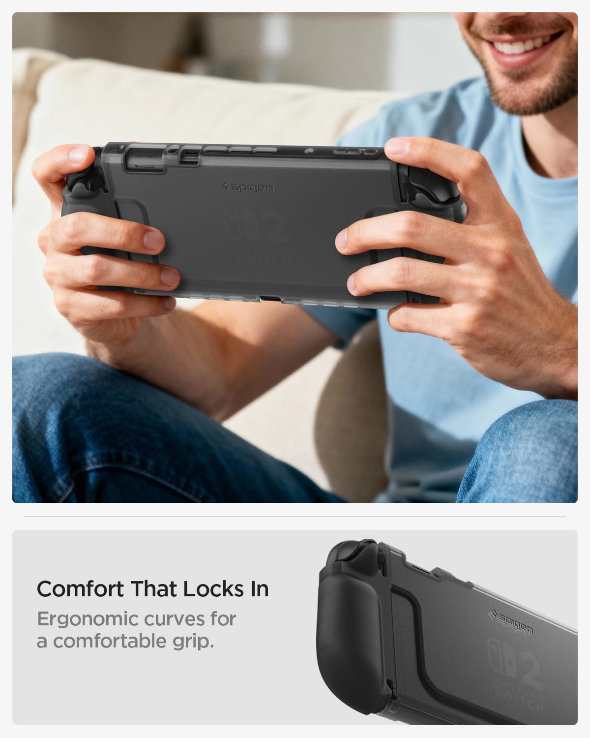 Spigen Ultra Hybrid Frost Black protective case for Nintendo Switch 2, with dock and detachable Joy-Con compatibility, shown on console.
