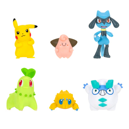 Pokémon Battle Figure 6 Pack featuring 2-inch Pikachu, Joltik, Galarian Darumaka, Riolu, Chikorita, and Cleffa figures.