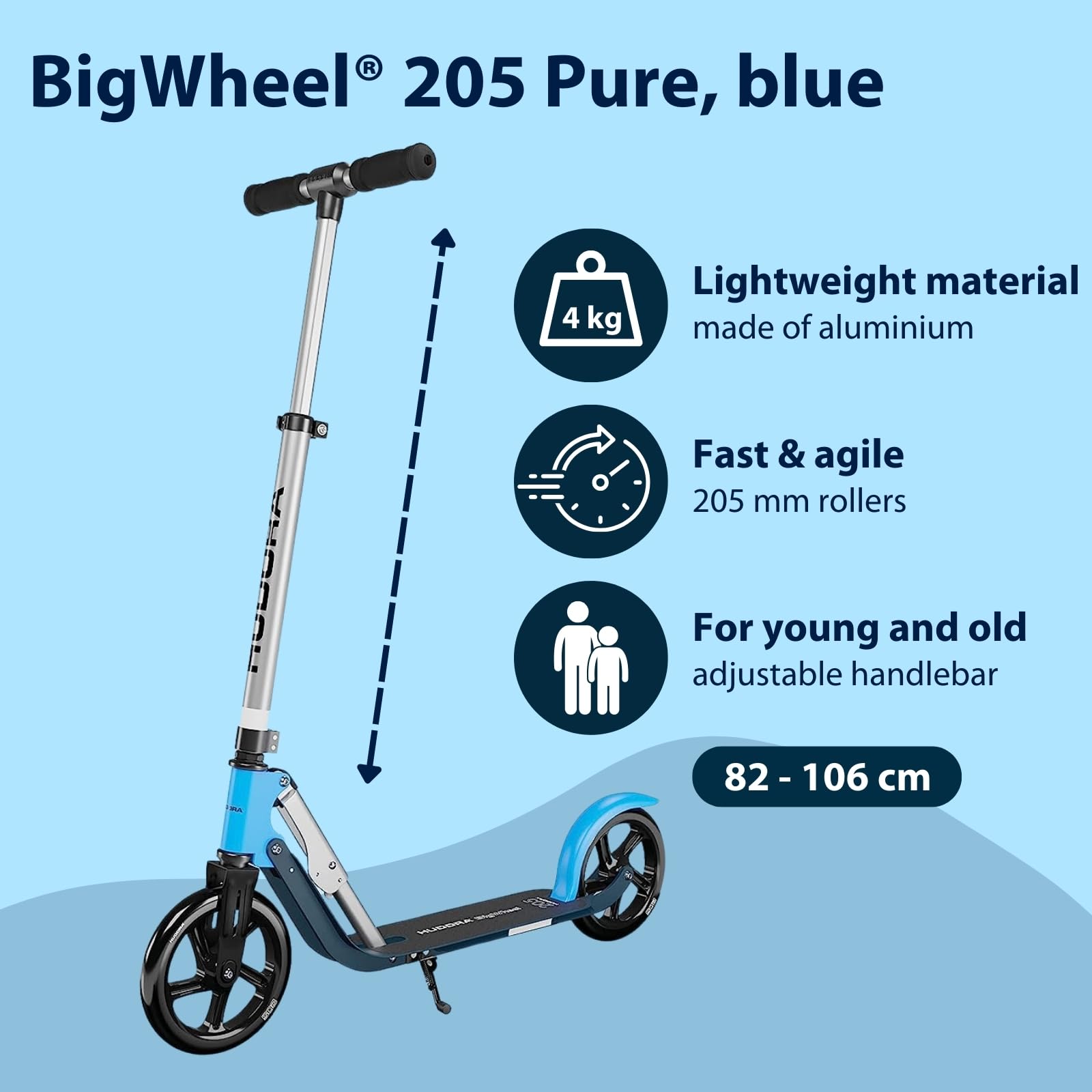 HUDORA BigWheel Pure scooter in aluminum, adjustable height, foldable design, suitable for teens and adults up to 100kg.