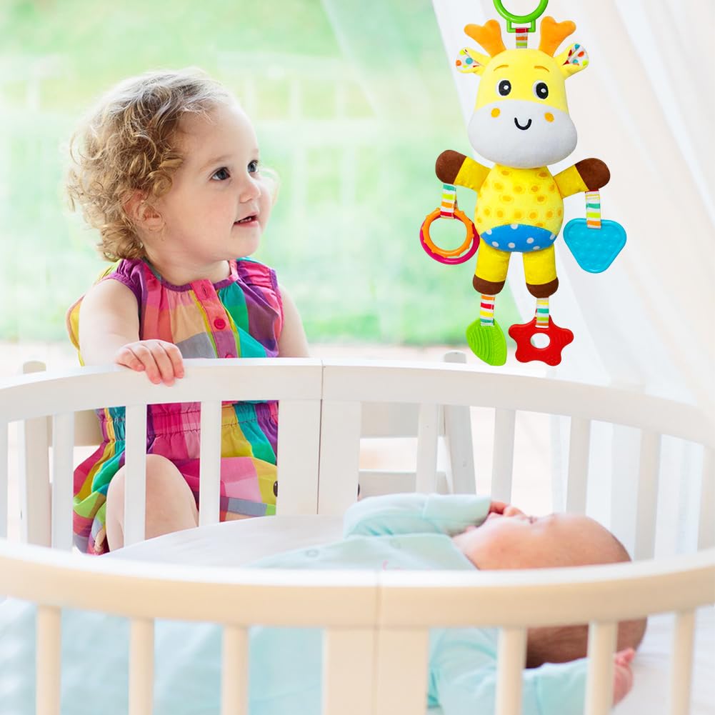 MIFKLMV plush giraffe baby pram toy with clip, soft hanging rattle and stuffed animal for infants 0-6 months, interactive and cuddly.
