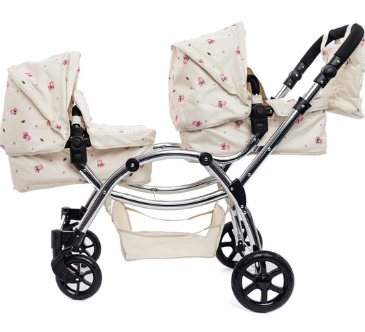 Roma Darcie Twin Cream Dolls Pram - Adjustable Handle Dolls Pushchair for Reborn Dolls, Double Dolls Pram with 16 Combinations, Bag & Shopping Basket - Ideal for Ages 3-16