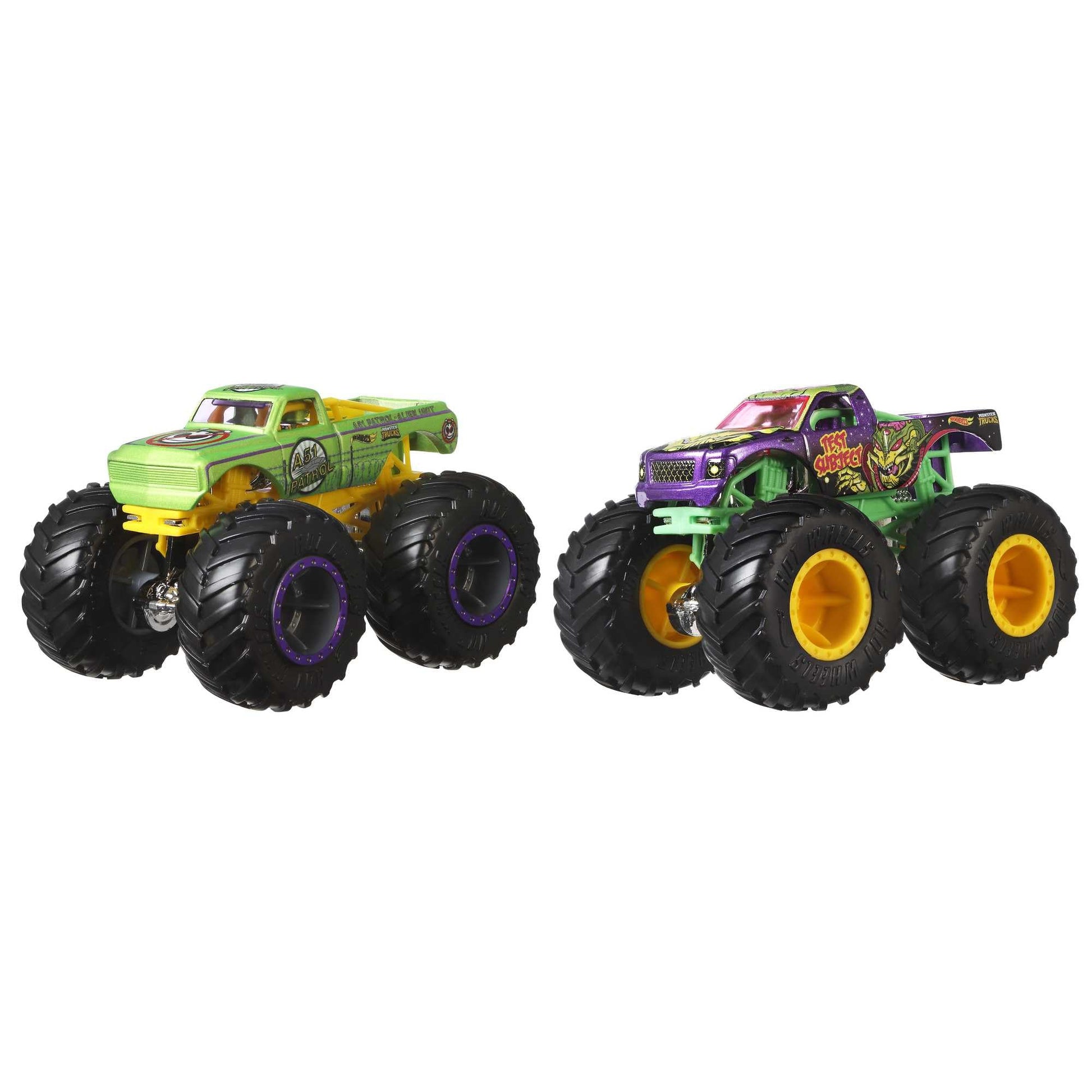 Hot Wheels Monster Trucks 2-Pack featuring Demolition Doubles in 1:64 scale, showcasing two toy vehicles in assorted styles.