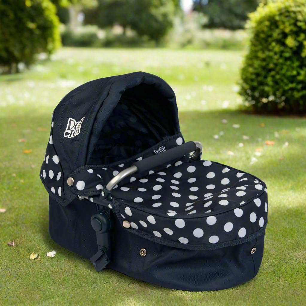 Dolly Tots Twin Pushchair | Navy Polka Dot Double Pushchair | Double Dolls Pram with Adjustable Height Handle And Multiple Seat Options | Foldable Childrens Dolls Pram | Suitable For Ages 3+