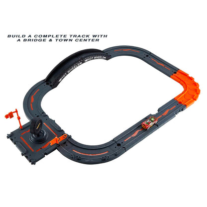 Hot Wheels City Track Pack with 10 pieces, featuring track base, various pieces, and one car for building a cityscape.