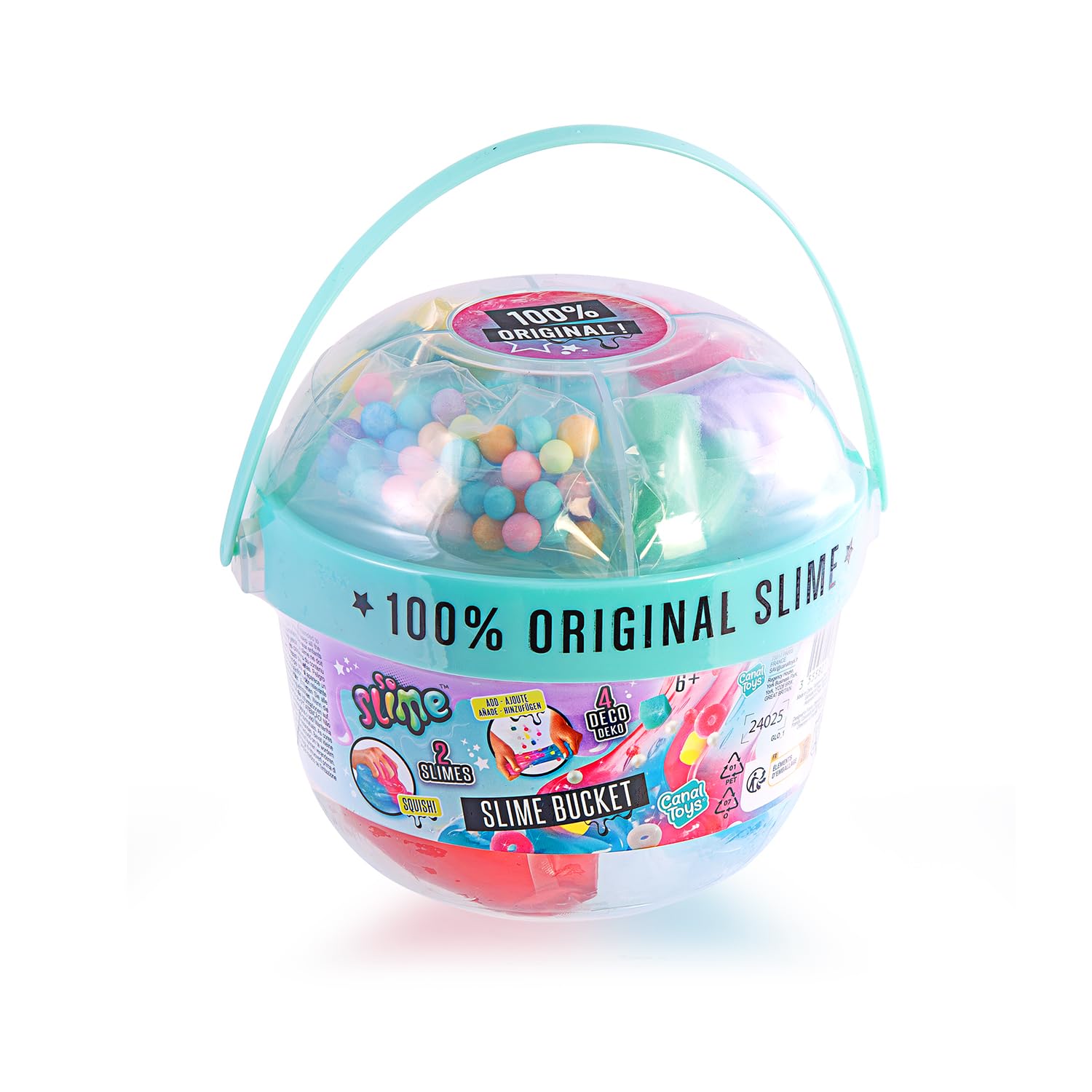 Canal Toys So Slime Mix’in Bucket with two textured slimes, charms, and decorations for kids aged 6+ in colorful packaging.