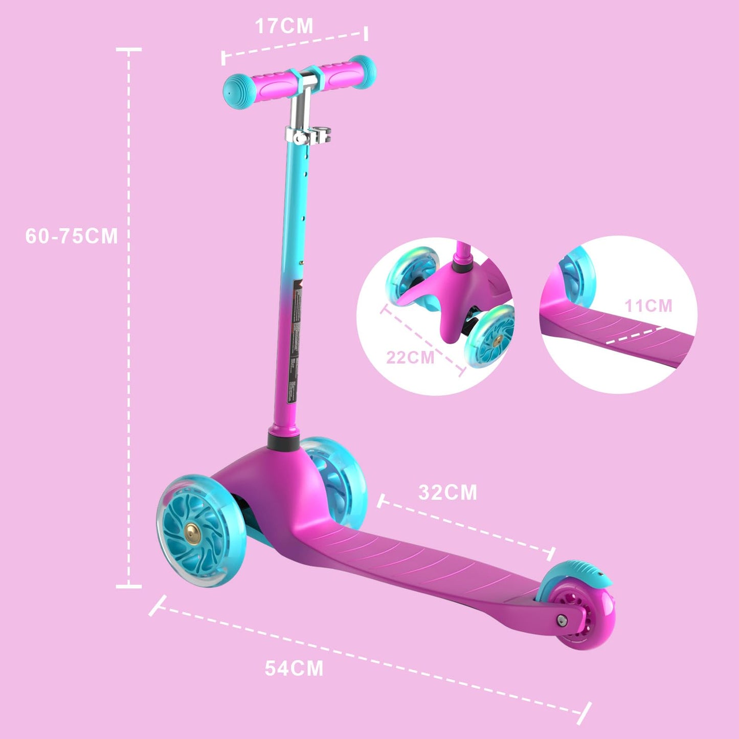 FAYDUDU 3 Wheel Scooter with LED Children's Scooter for Children from 2-5 Years, Adjustable Height (Pink)