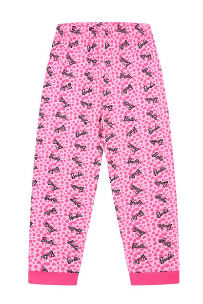 Barbie pink pyjama set for girls aged 9-10 featuring a comfy top and pants, perfect for sleepovers or lounging.