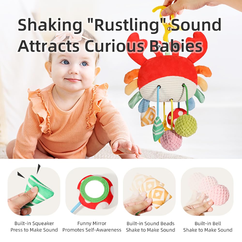 Vamotto Crab Car Seat & Stroller Toy for Babies 0-12 Months, Sensory Hanging Toy with Rattle, Mirror, Squeaker, Pull Strings, Fine Motor Skills Baby Gift for Newborn Infant Boy Girl