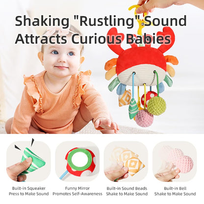 Vamotto Crab Car Seat & Stroller Toy for Babies 0-12 Months, Sensory Hanging Toy with Rattle, Mirror, Squeaker, Pull Strings, Fine Motor Skills Baby Gift for Newborn Infant Boy Girl