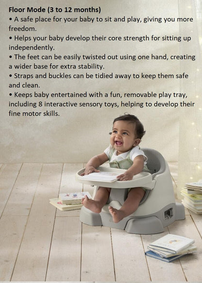 Mamas & Papas Baby Bug Booster Seat for Dining, Detachable Tray, Harness, Adjustable Seat and Non-Slip Feet, Pebble Grey