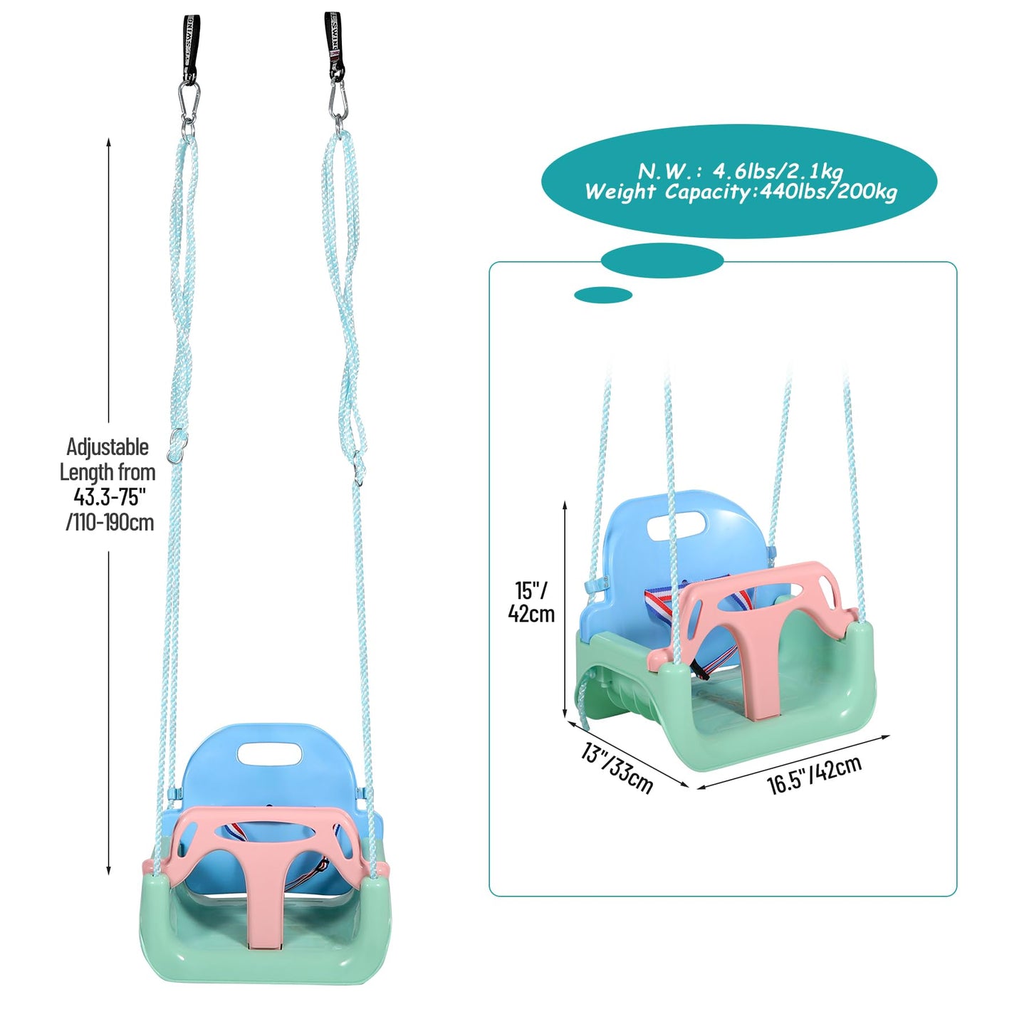REDCAMP 3-in-1 Ajustable Toddler Swing Seat，High-Back Baby Swing Chair with Safety Strap,Ideal for Garden Indoor Outdoor Playground,6 months - teens, Light Blue
