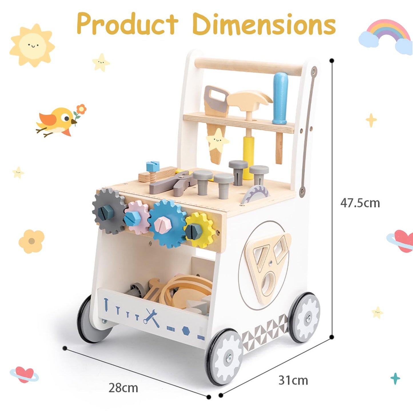 Caossuixin wooden baby walker with shape sorter, toy tools, workbench, and clock for toddlers ages 6-12 months, activity center toy.