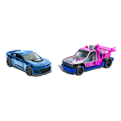 Hot Wheels Pull-Back Speeders set of 2 toy cars in 1:43 scale with opening features and assorted styles.