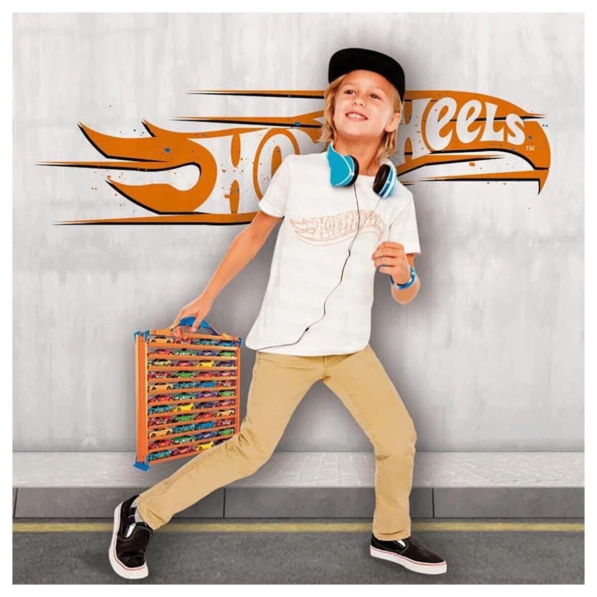 Multi-coloured Hot Wheels toy organizer with 44 compartments for storage and display, featuring a compact design.