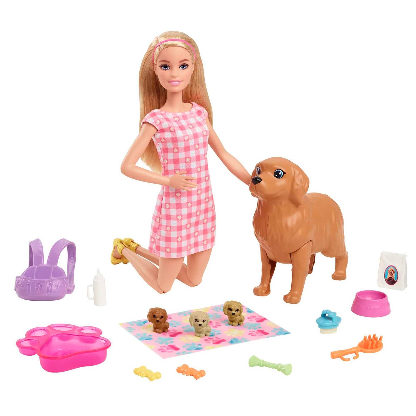Barbie doll playset with blonde doll, mommy dog, three puppies, and 11 accessories in a colorful scene.