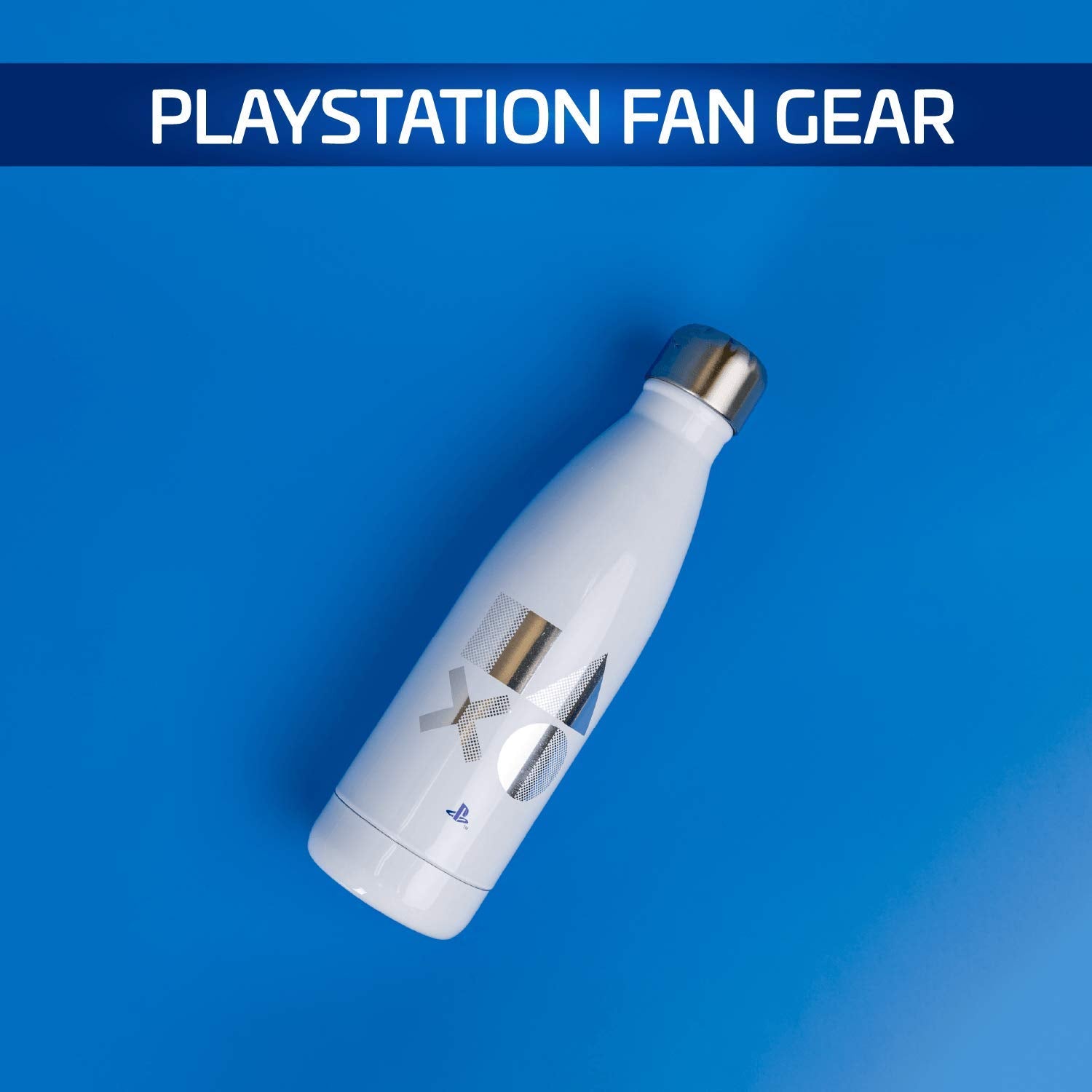 Paladone stainless steel 500ml water bottle with PlayStation 5 design, featuring a sleek metal finish and gaming-themed artwork.