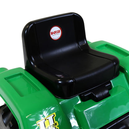 Green and black Dolu children's ride-on tractor with trailer, working horns, and pedal control for kids aged 3 to 5.