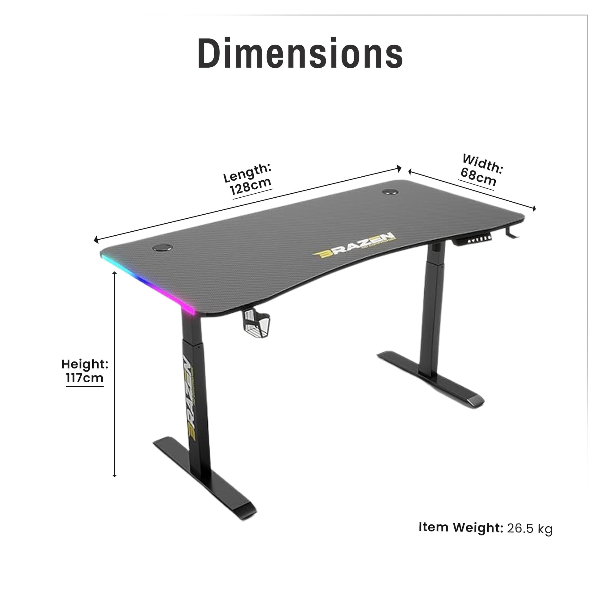 BraZen Esports Pro RGB height adjustable gaming desk with LED lights, black design, ideal for gamers and e-sports setups.