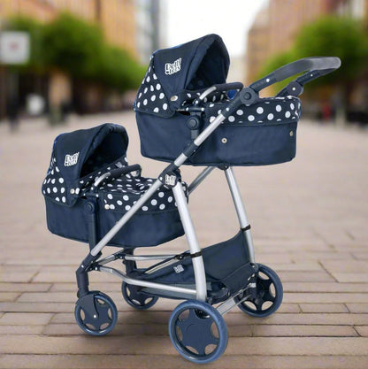 Dolly Tots Twin Pushchair | Navy Polka Dot Double Pushchair | Double Dolls Pram with Adjustable Height Handle And Multiple Seat Options | Foldable Childrens Dolls Pram | Suitable For Ages 3+