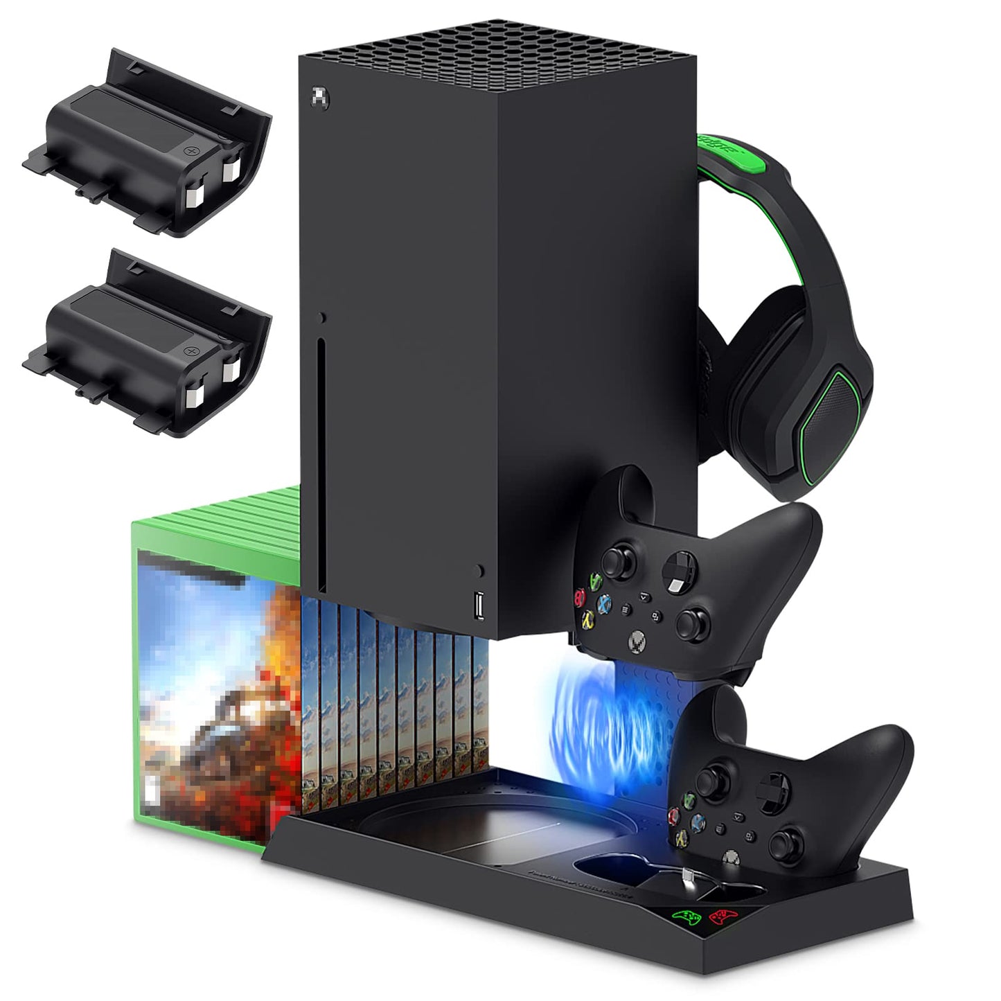 FYOUNG Xbox Series X cooling stand with controller charger, rechargeable batteries, headset holder, and game slots in a sleek design.