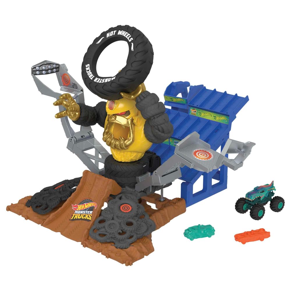 Hot Wheels Monster Trucks Arena Smashers Mega-Wrex vs. Crushzilla Takedown with 1:64 Scale Mega-Wrex Toy Truck and 2 Crushable Cars, HPR47