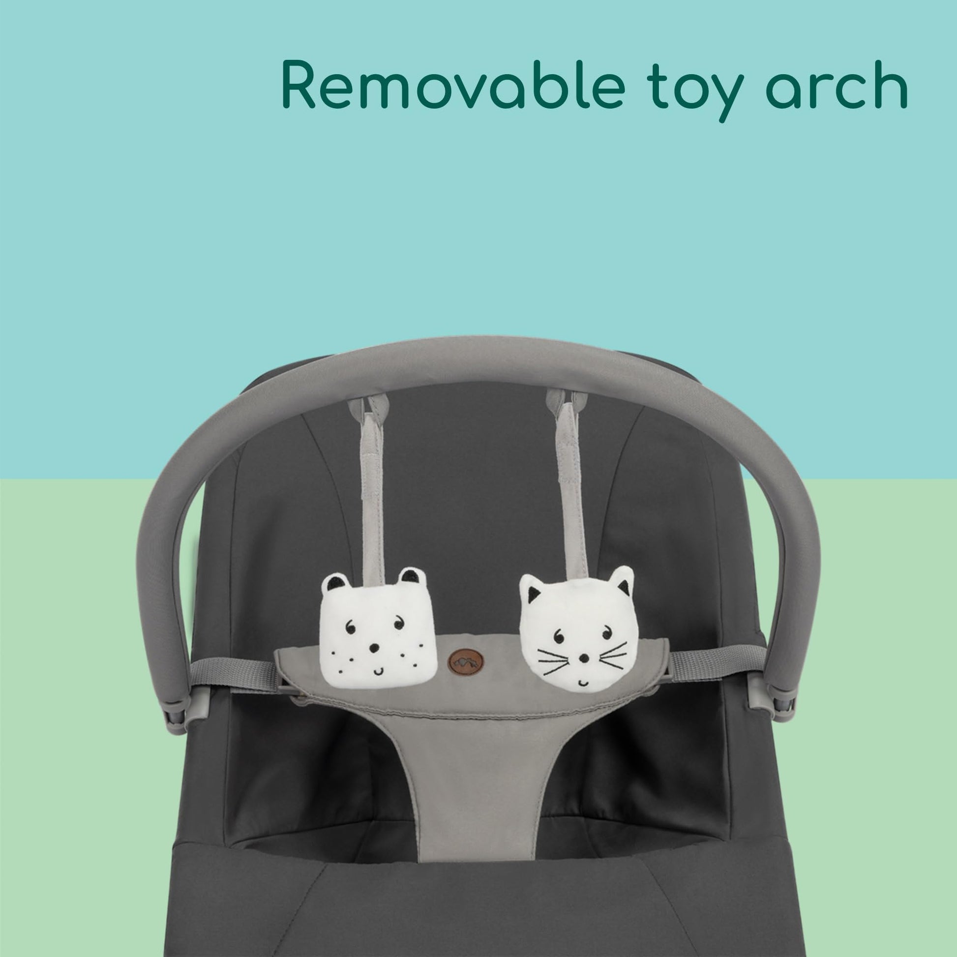 Bebeconfort Aster baby rocker with adjustable backrest, removable toy arch, 3-point harness, lightweight and ultra-flat foldable design.
