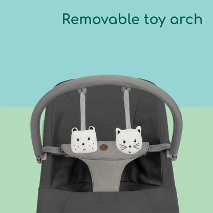 Bebeconfort Aster baby rocker with adjustable backrest, removable toy arch, 3-point harness, lightweight and ultra-flat foldable design.