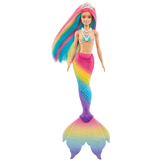 Barbie Dreamtopia Mermaid Doll with rainbow hair, showcasing color change feature in vibrant water setting.