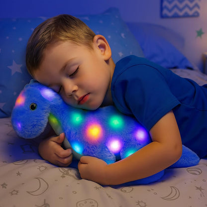 Hopearl LED Musical Stuffed Dinosaur Light up Singing Diplodocus Soft Plush Toy with Long Neck Adjustable Volume Lullaby Animated Soothe Gifts for Kids Toddlers, Blue, 16''