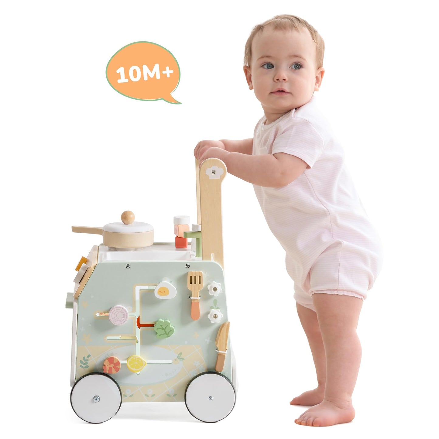 Robud wooden baby walker with adjustable height and speed, sensory play features, storage basket, and natural wood finish for toddlers