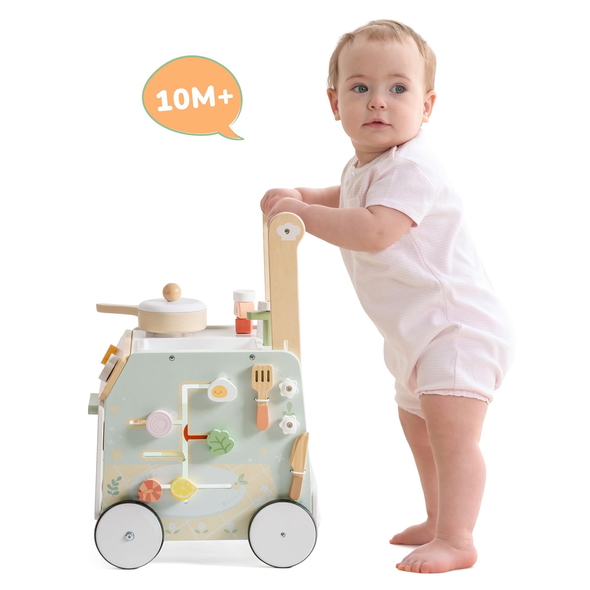 Robud wooden baby walker with adjustable height and speed, sensory play features, storage basket, and natural wood finish for toddlers