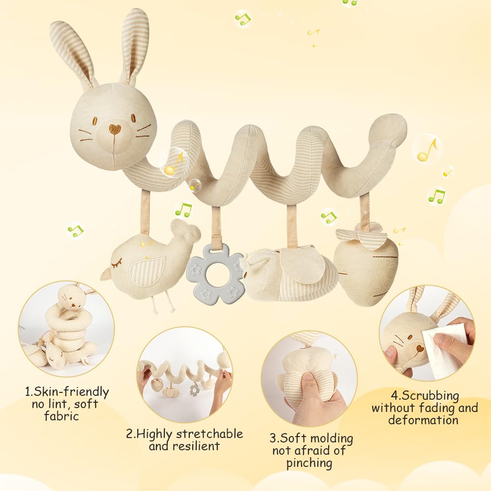 Vicloon Giocattolo a Spirale Passeggino Neonato, Giochi Passeggino Neonati Regalo per 0 3 6 Mesi, Passeggino Educativo Spirale di Peluche Neonato, Rabbit