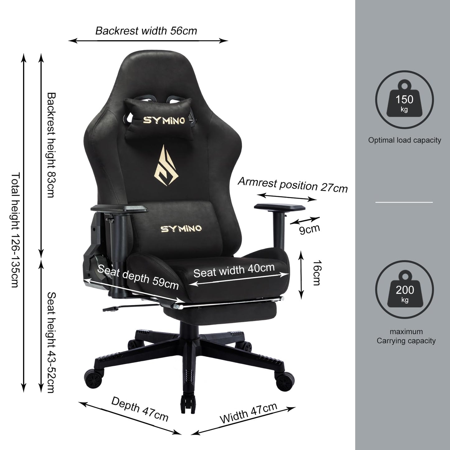 Symino black gaming chair with footrest, headrest, lumbar support, and adjustable height for ergonomic PC gaming and work.