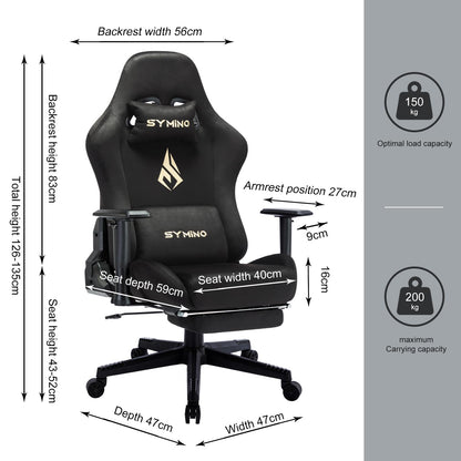 Symino black gaming chair with footrest, headrest, lumbar support, and adjustable height for ergonomic PC gaming and work.