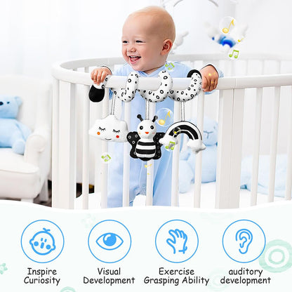 Aolso sensory pram toys in black and white spiral design with a ringing bell, suitable for car seats and cribs.
