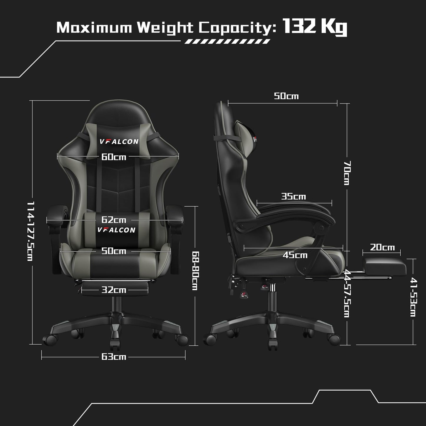 Vfalcon XTREME gaming chair in grey with ergonomic design, reclining feature, footrest, 360° swivel, and height adjustment