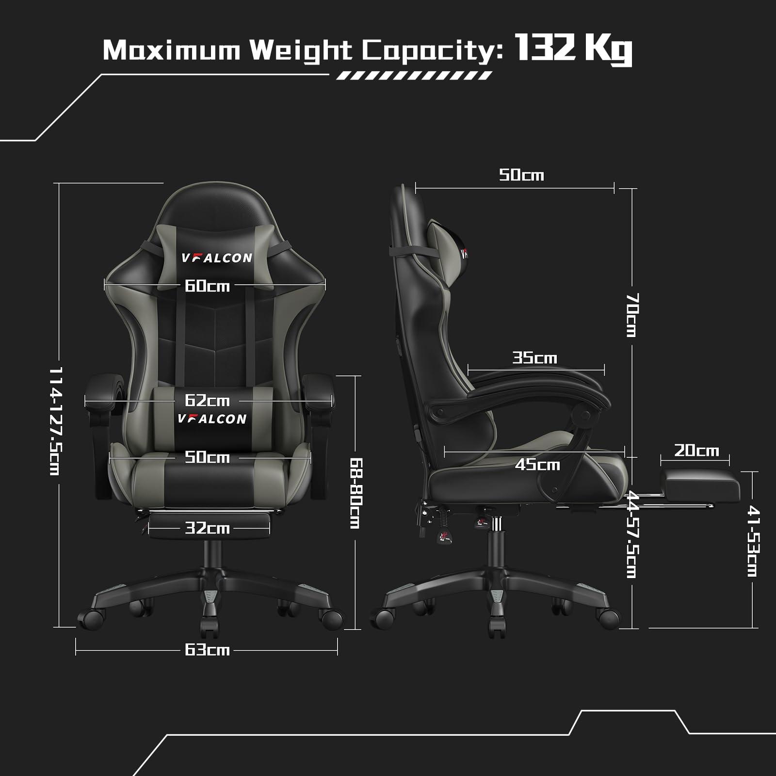 Vfalcon XTREME gaming chair in grey with ergonomic design, reclining feature, footrest, 360° swivel, and height adjustment