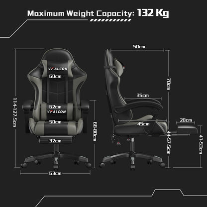 Vfalcon XTREME gaming chair in grey with ergonomic design, reclining feature, footrest, 360° swivel, and height adjustment