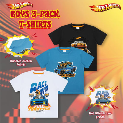 Hot Wheels Boys T-Shirts Pack of 3 |Short Sleeve 3PK Multipack T-Shirts for Boys | Official Clothing Merchandise (UK, Age, 7 Years, 8 Years, Regular, Blue/Black/White)