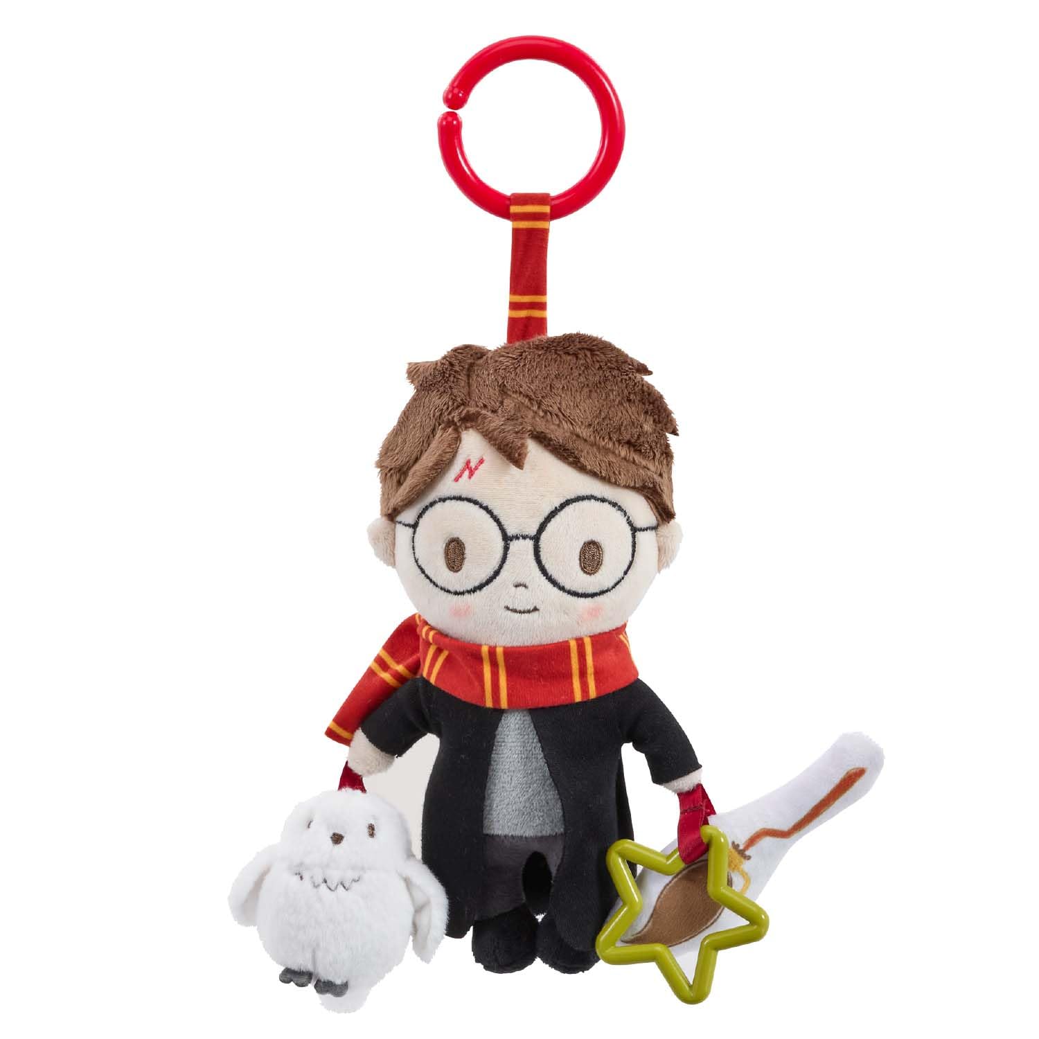 Harry Potter On the Go activity toy by Rainbow Designs, clip-on pram toy with crinkle broomstick and squeaky owl for babies.