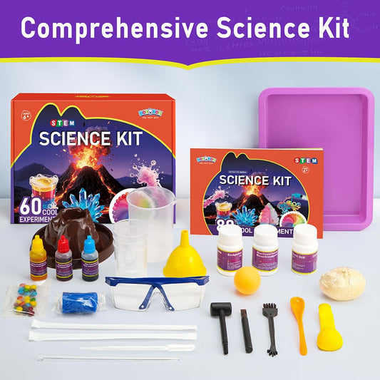 BenBen science experiment kit for kids with colorful tools and materials for 60+ STEM activities, suitable for children aged 6 to 10.