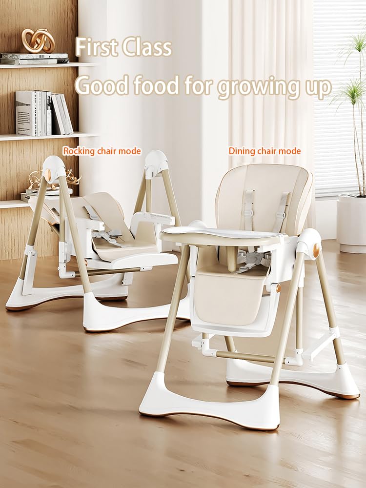 Magic ZC 2-in-1 Dining Mode and Swing Mode Baby High Chair Toddler Feeding Dining Chair, Convertible with Detachable Double Trays and Wheels, Multifunctional Foldable (8121 Khaki)