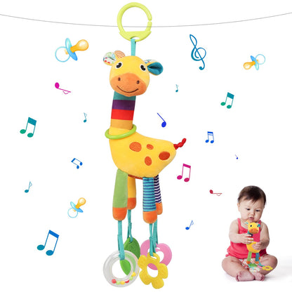 BelleStyle baby pram pushchair giraffe plush sensory toy with teething game, clip-on for car seats and strollers for newborns and toddlers