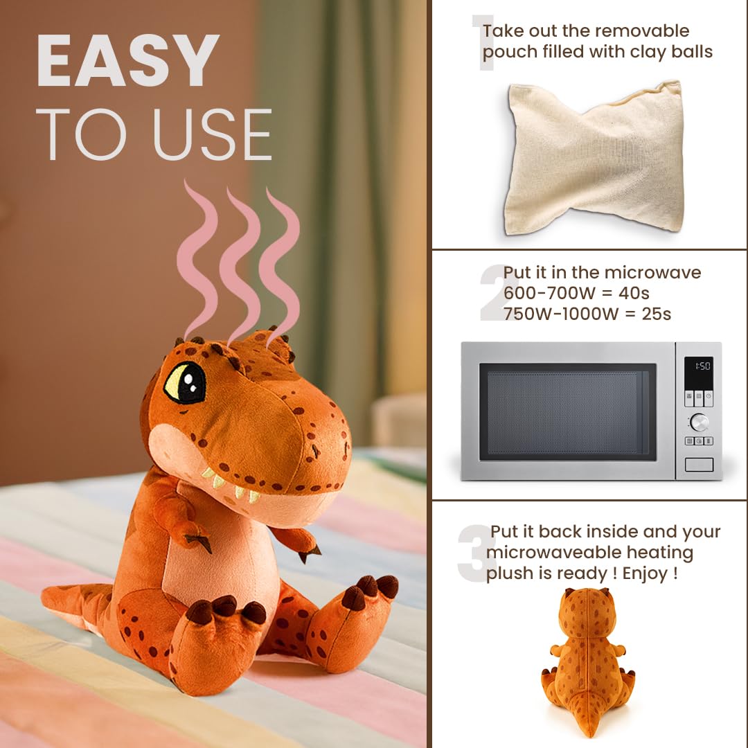 BIOSYNEX - Jurassic World Explorers Heatable Plushies – Microwave Warm Cuddle Toy with Removable Clay Bead Pouch - Gentle and Comforting Warmth - Machine Washable and Safe from Birth (T-Rex)