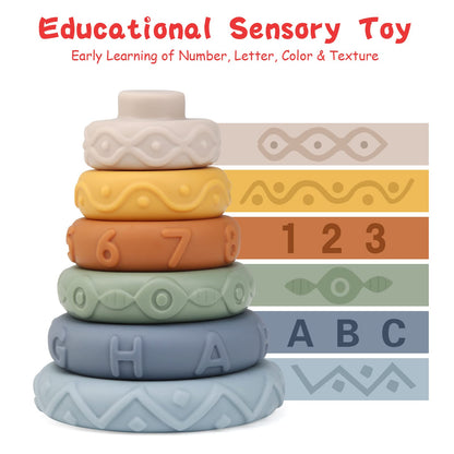 LEADSTAR Stacking Baby Toys Silicone, Lion Sensory Stacker Circles Teething Baby Toy 6 to 12 months, Early Development & Activity Toddler Toys, Silicone Soft Teething Toy, Stacking Toys-7PCS